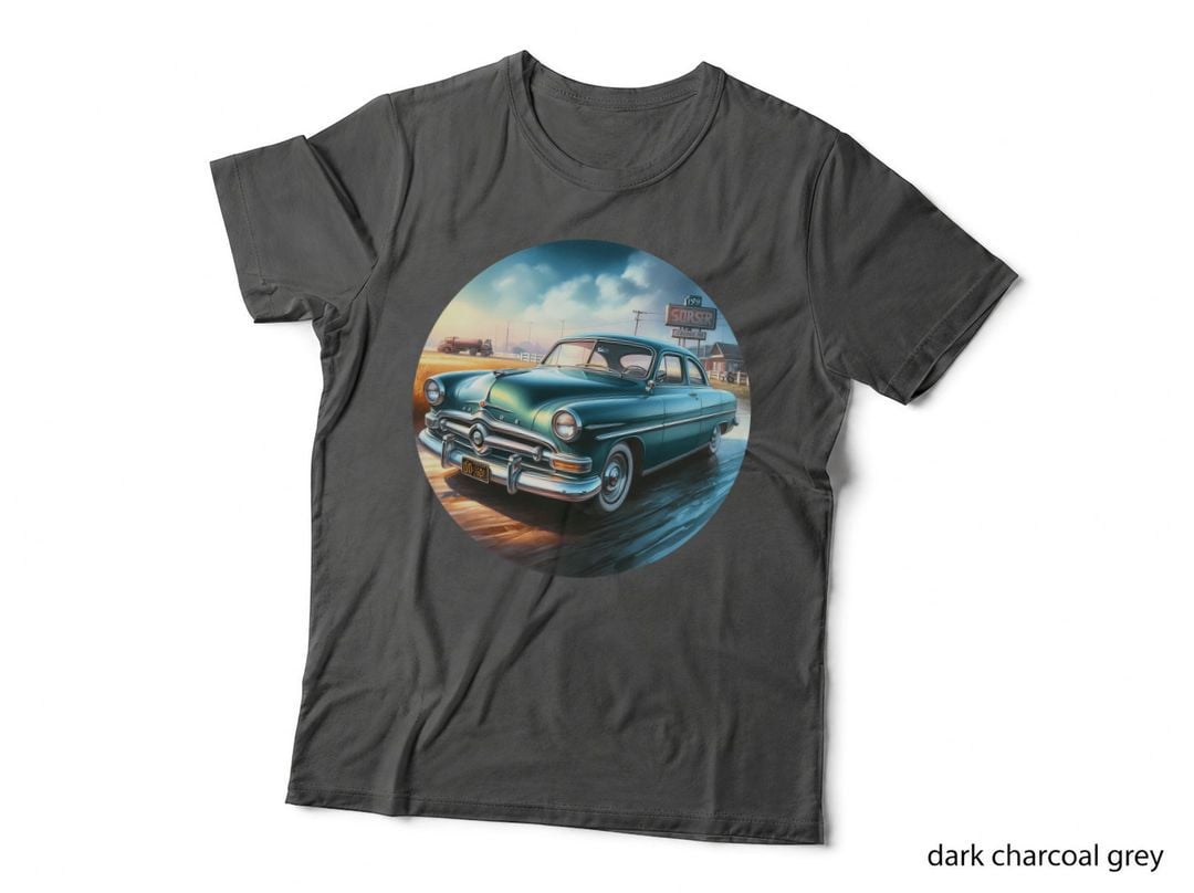 1950s Car Diner Style Blue at Retro Vintage Roadside Americana Neon T-Shirt