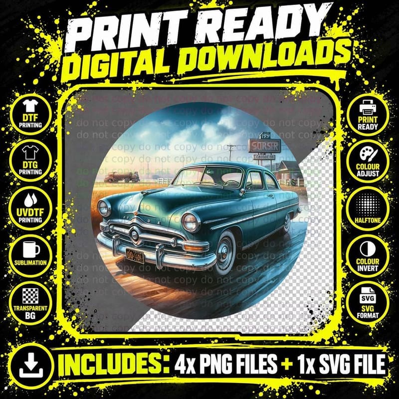 1950s Car Diner Style Blue at Retro Vintage Roadside Png SVG Digital Bundle