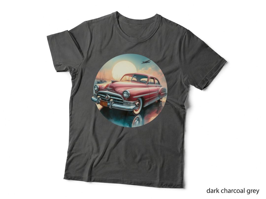 1950s Car Ocean Sunset Red on Beach Golden Vintage Convertible Style T-Shirt