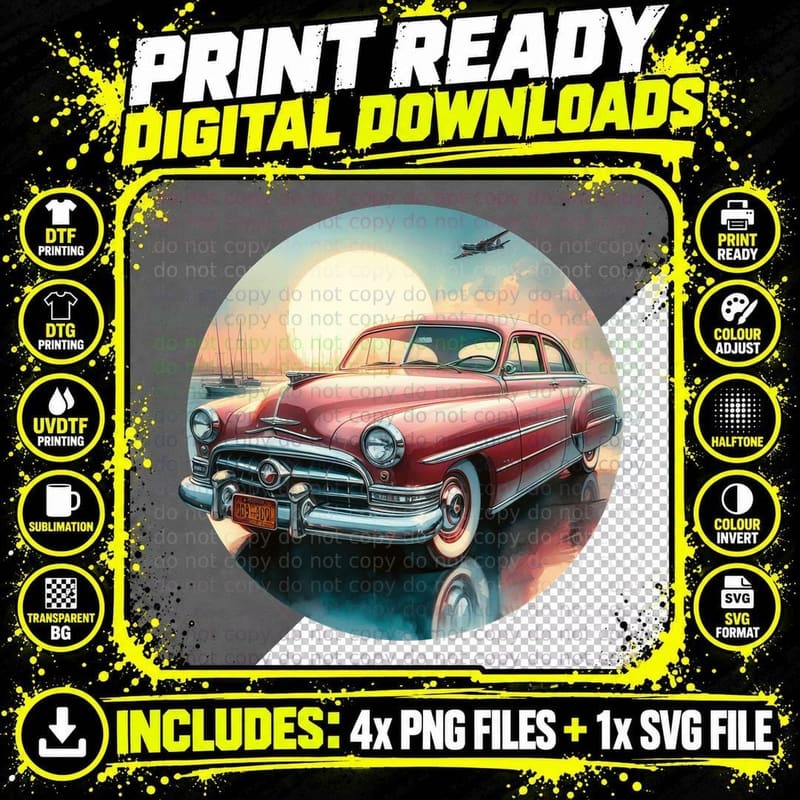 1950s Car Ocean Sunset Red on Beach Golden Vintage Png SVG Digital Bundle