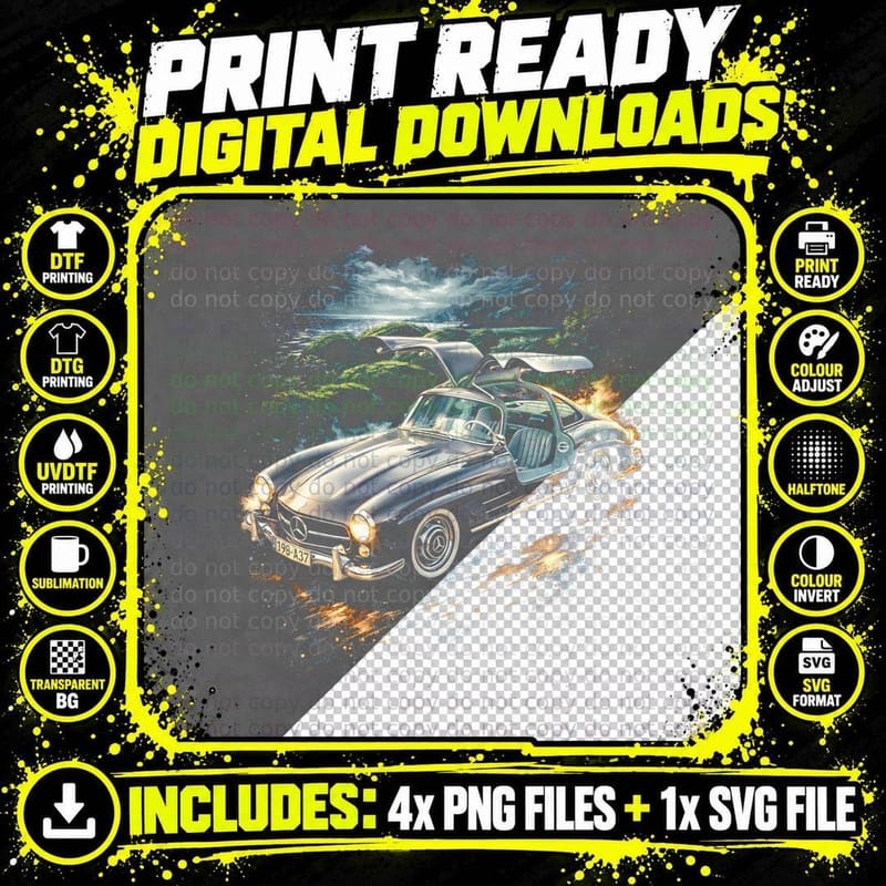 300SL Gullwing T-Shirt, Halftone Classic Car Graphic Tee Png SVG Digital Bundle