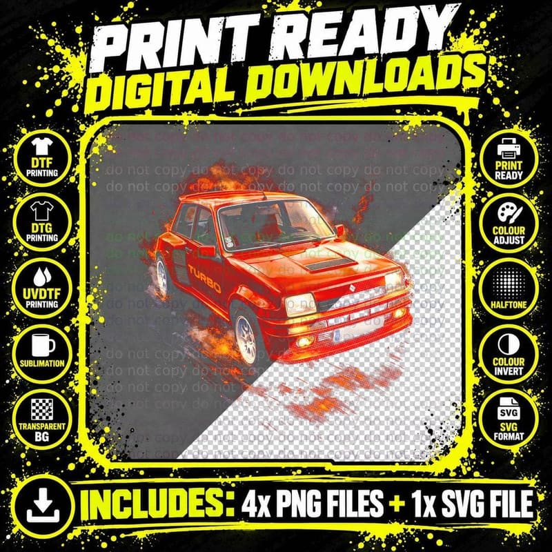5 GT Turbo T-Shirt, Halftone Rally Car Graphic Tee Png SVG Digital Bundle