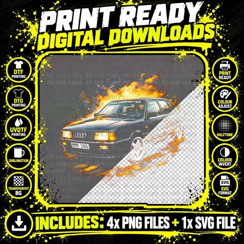 80 Quattro Sedan T-Shirt, Halftone Rally Car Graphic Tee Png SVG Digital Bundle