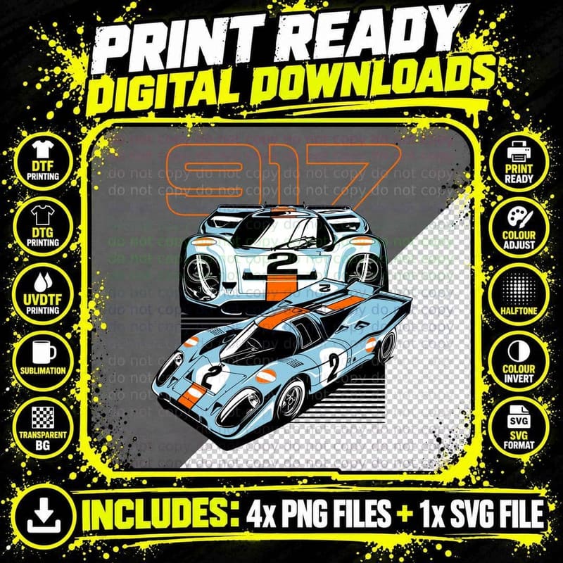 917 Classic Racing Cars Orange Blue Stripes T-Shirt Png SVG Digital Bundle