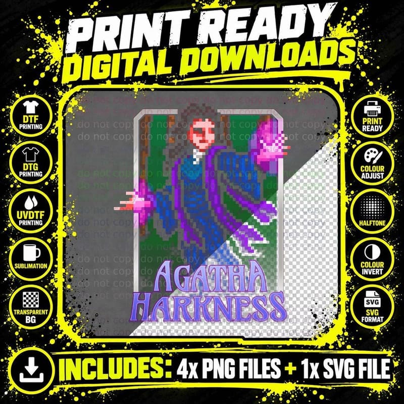 Agatha Harkness Retro Pixelated Characters Magical Png SVG Digital Bundle