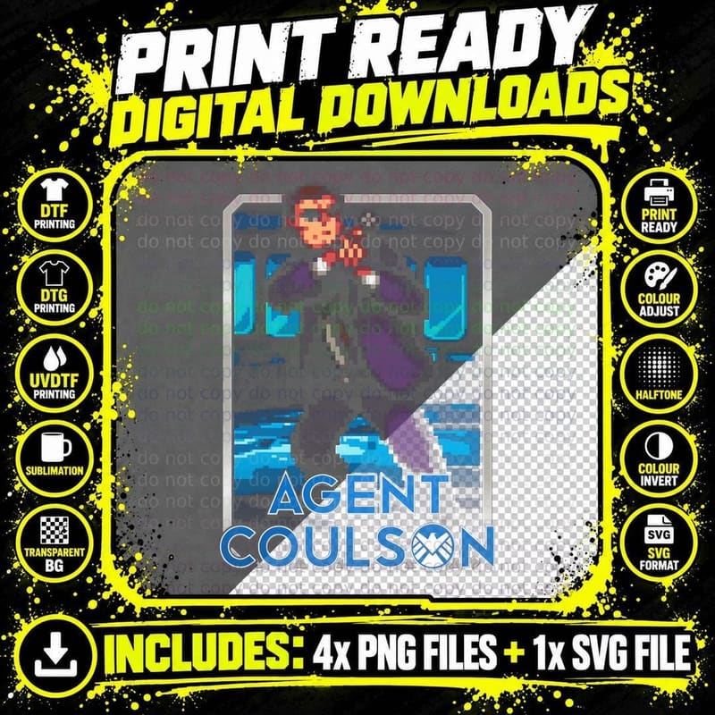 Agent Coulson Pixelated Retro Style Figure Purple Blue Png SVG Digital Bundle
