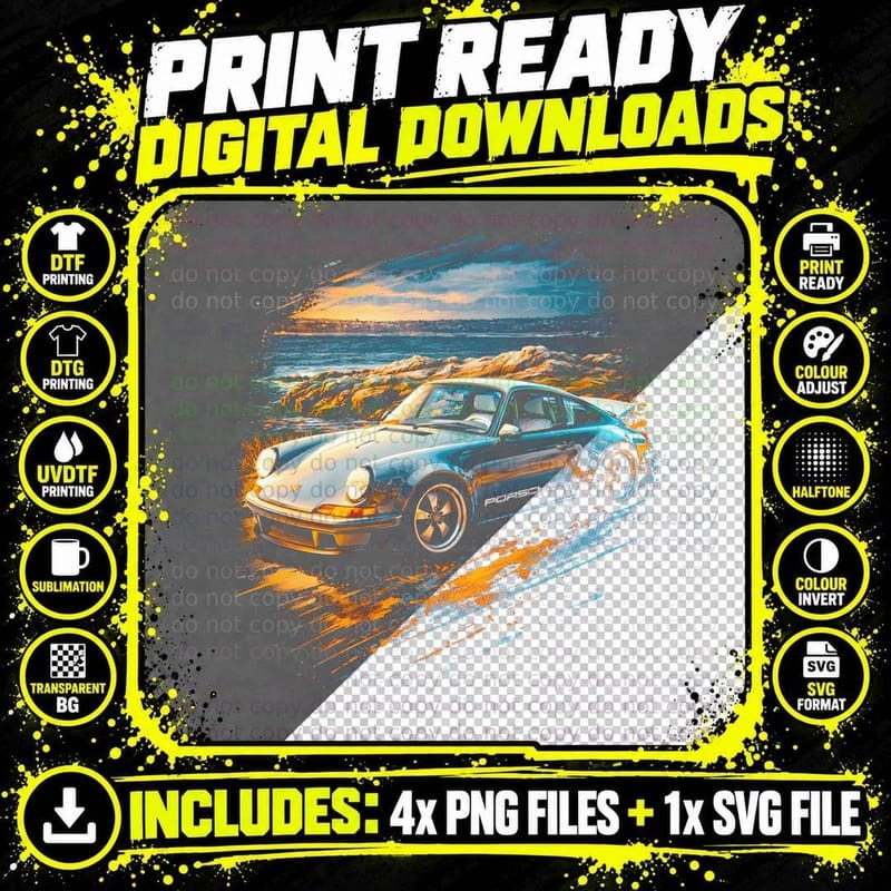 Air Cooled 911 T-Shirt, Halftone Sports Car Graphic Tee Png SVG Digital Bundle