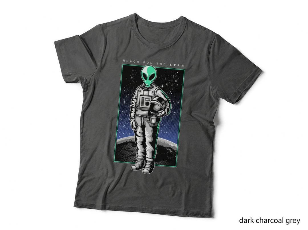 Alien Astronaut Reach for the Star with Green Head in Spacesuit Cosmic T-Shirt