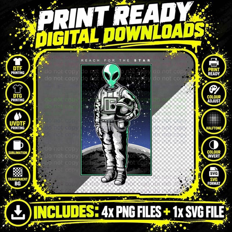 Alien Astronaut Reach for the Star with Green Head in Png SVG Digital Bundle