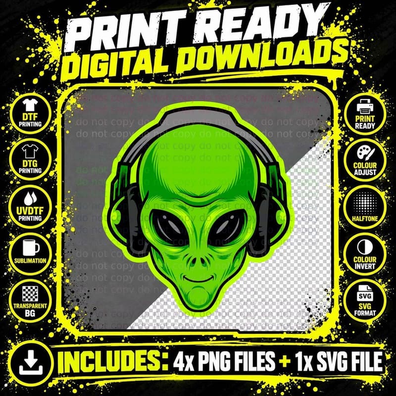 Alien DJ Headphones Green Head Neon Retro Halftone Png SVG Digital Bundle