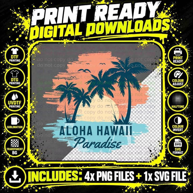 Aloha Hawaii Paradise Tropical Palms Sunset Orange Blue Png SVG Digital Bundle