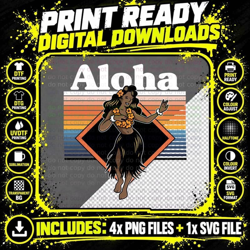 Aloha Hawaiian Woman Hula Grass Skirt Tropical Vintage Png SVG Digital Bundle
