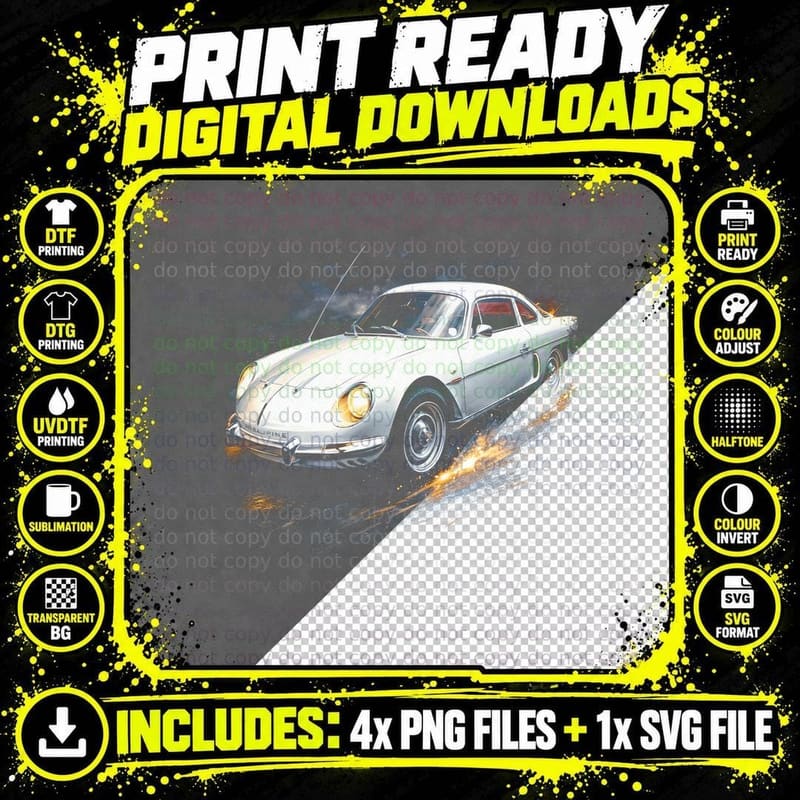 Alpine A110 T-Shirt, Halftone Rally Car Graphic Tee Png SVG Digital Bundle