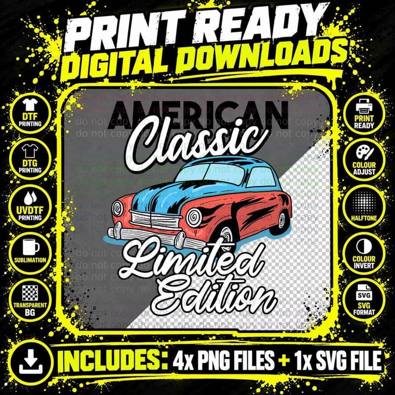 American Classic Limited Edition Vintage Car Blue Red Png SVG Digital Bundle