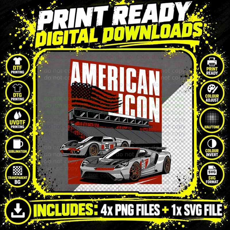 American Icon Daytona Red White Vintage Racing Cars Png SVG Digital Bundle