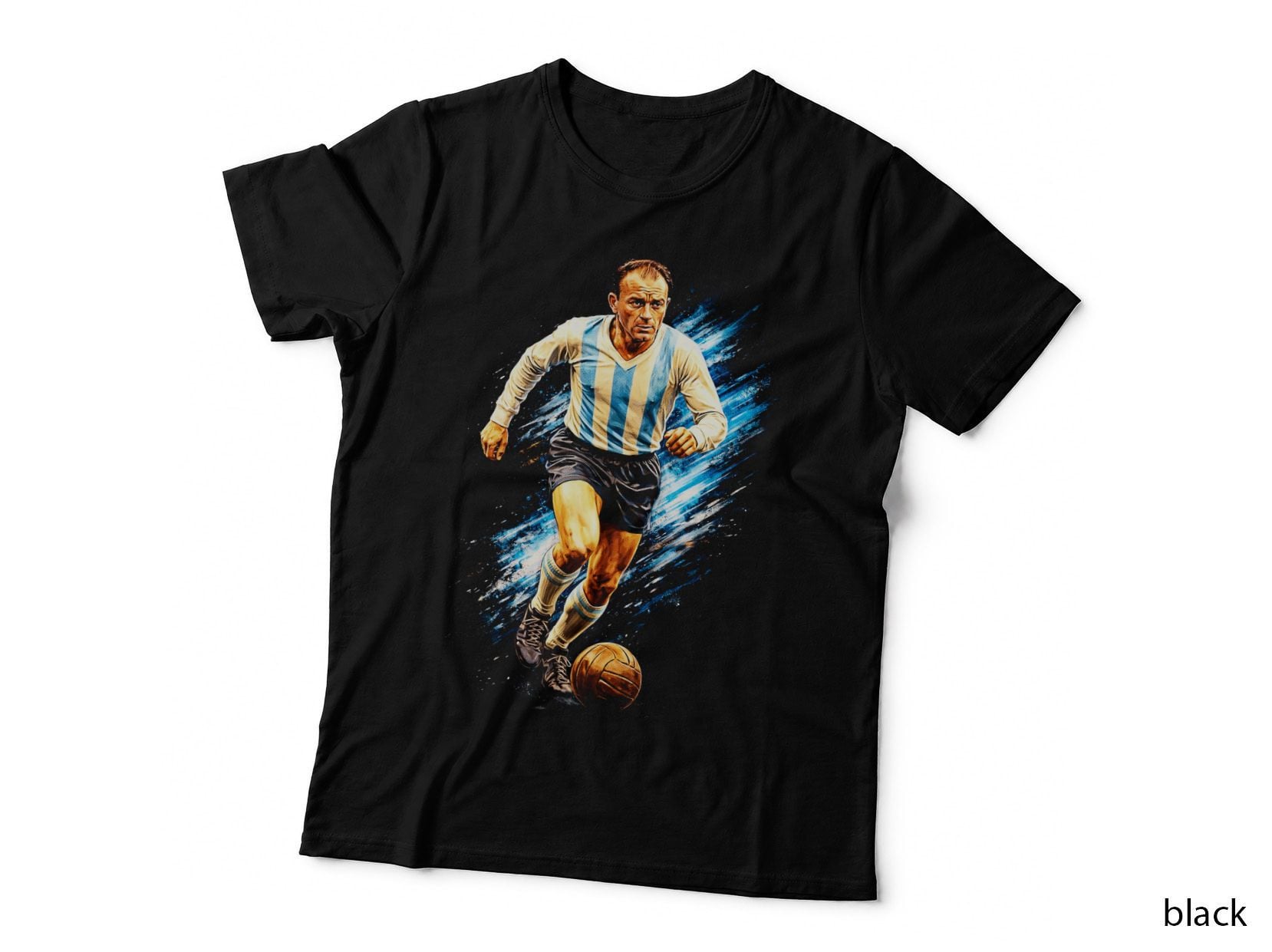 Argentina Footballer Retro Kit Vintage Blue Splatter Running with Ball T-Shirt