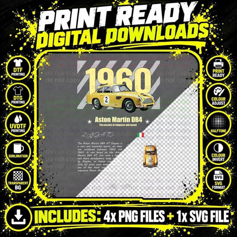 Aston Martin Db4 1960 Vintage Race Car Yellow Retro Png SVG Digital Bundle