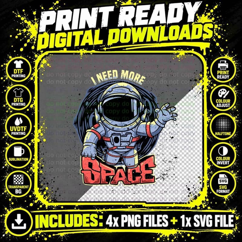 Astronaut I Need More Space Cartoon Blue Stars Red Retro Png SVG Digital Bundle