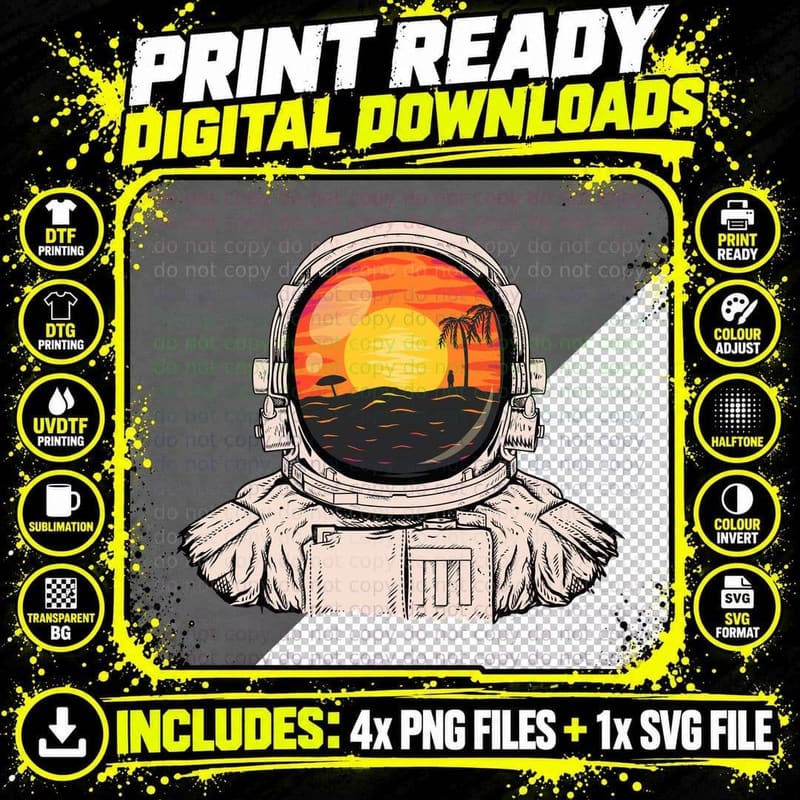 Astronaut Sunset Helmet Retro Space T-Shirt Png SVG Digital Bundle