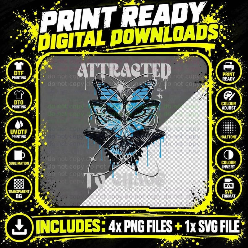 Attracted in Chaos White Blue Distressed Butterflies Png SVG Digital Bundle