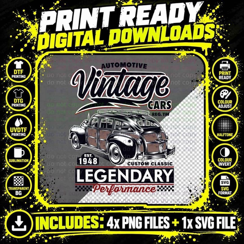 Automotive Vintage Cars 1948 Custom Classic Legendary Png SVG Digital Bundle