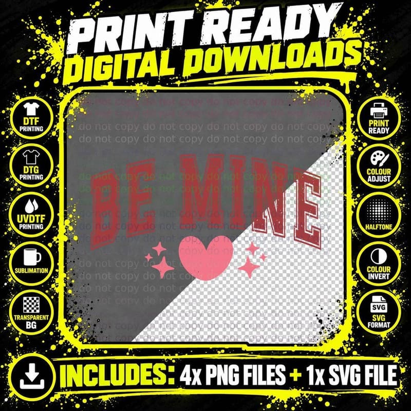 Be Mine Large Pink Distressed Letters Heart Minimal Png SVG Digital Bundle