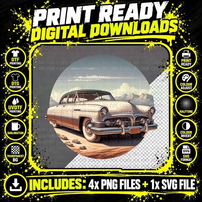 Beige Vintage Car Desert Tan 1950s on Plain Warm Sunset Png SVG Digital Bundle