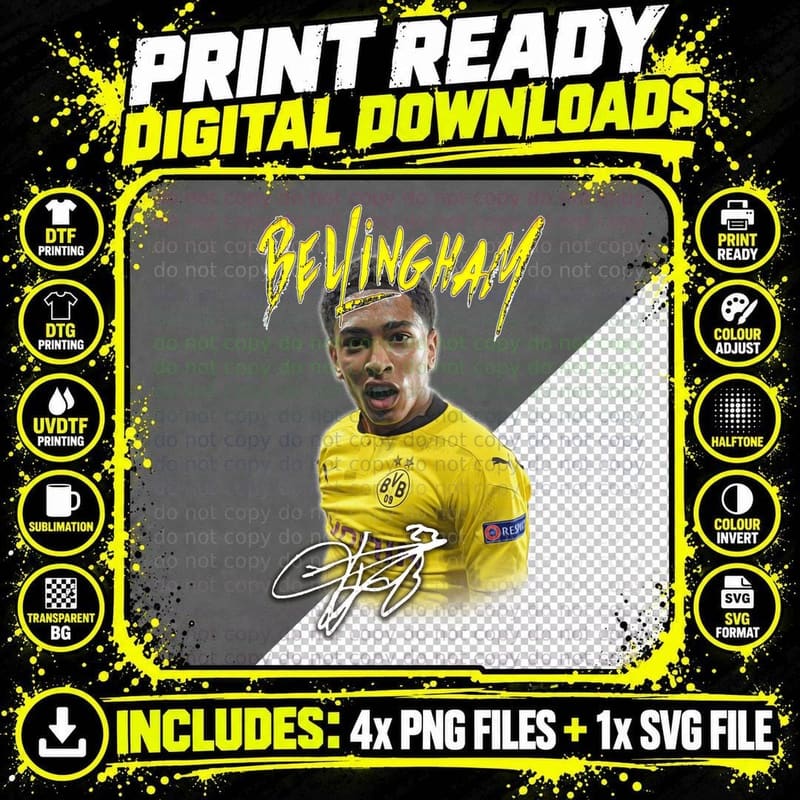 Bellingham Dortmund Footballer Yellow Retro Dynamic Png SVG Digital Bundle