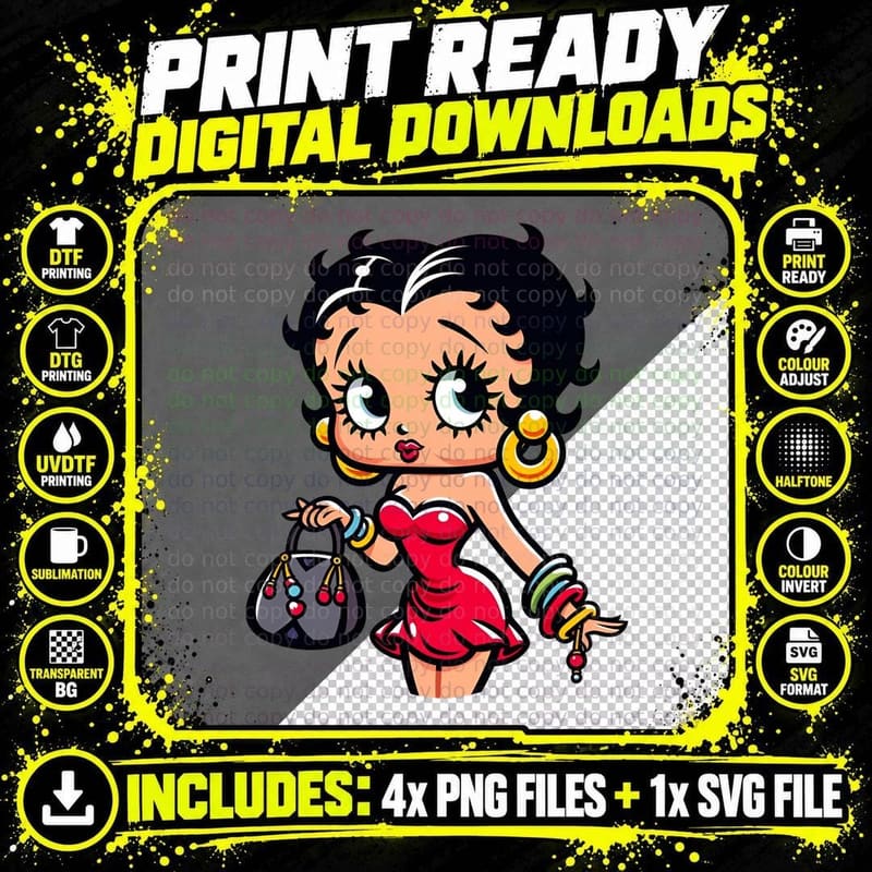 Betty Boop Black Red White Classic Glamour T-Shirt Png SVG Digital Bundle