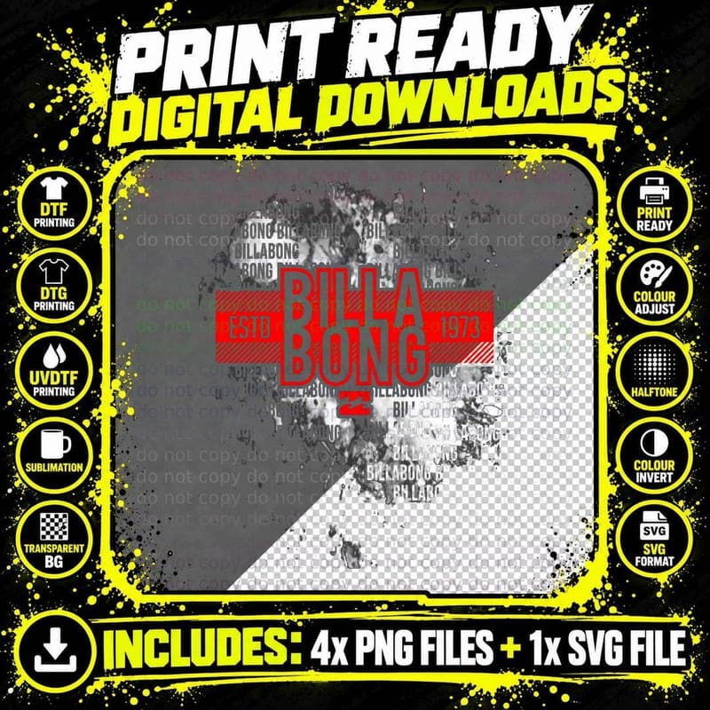 Billabong Est 1973 Distressed Splatter Red White Brand Png SVG Digital Bundle