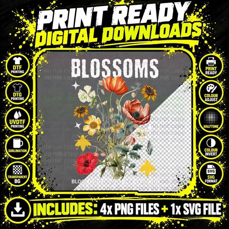 Blossoms Blooming with Timeless Charm Colorful Flowers Png SVG Digital Bundle