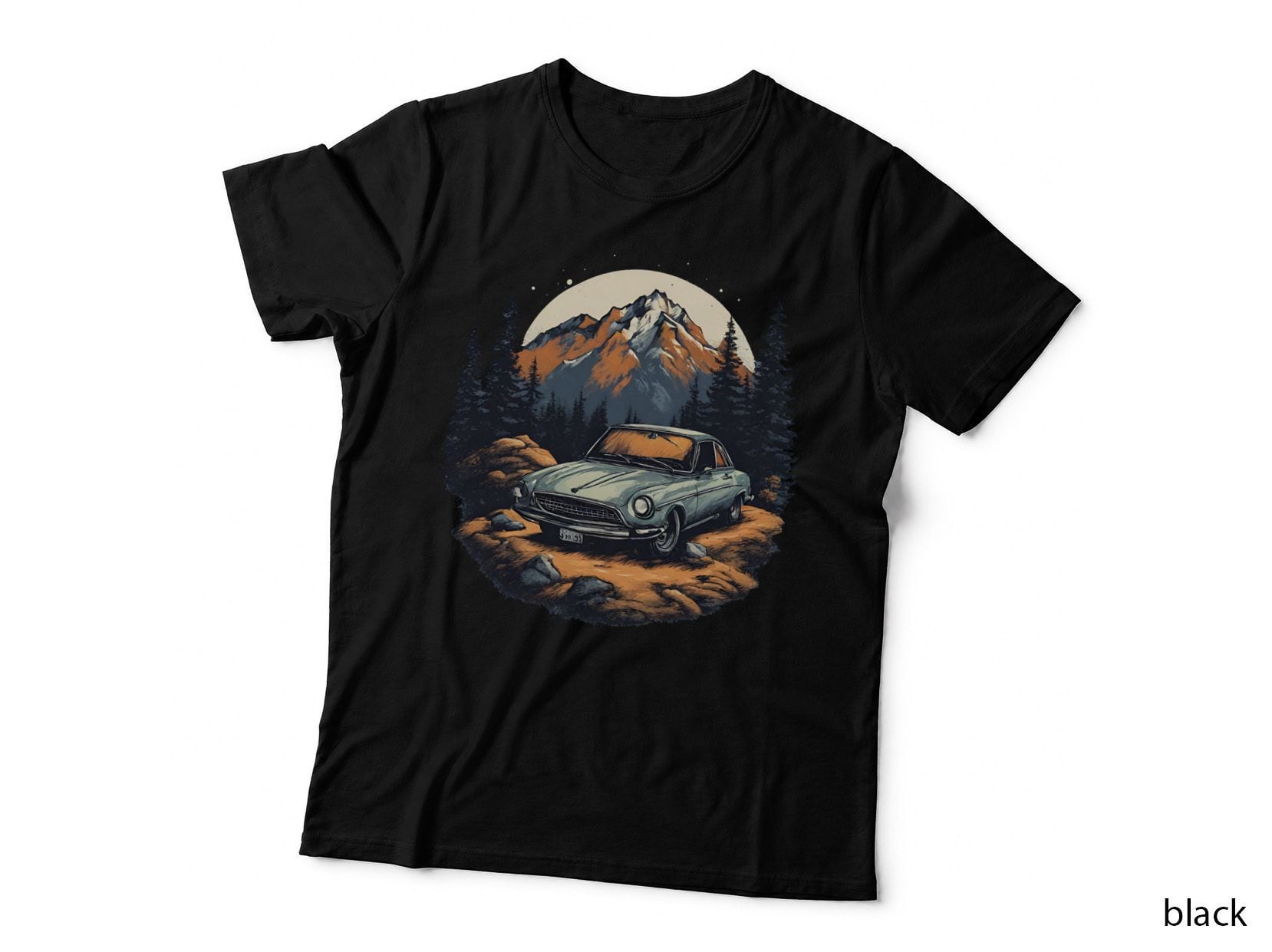 Blue Car Night Teal Vintage Moon Forest T-Shirt
