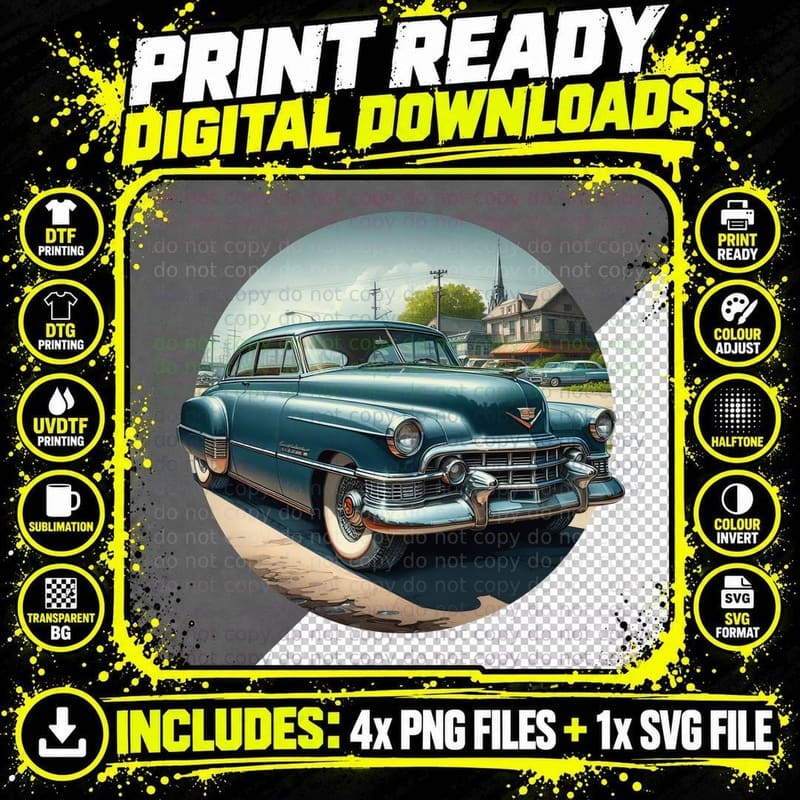 Blue Car Small Town 1950s in Americana Vintage Png SVG Digital Bundle
