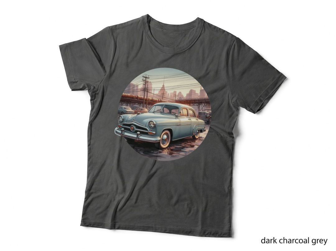 Blue Car Urban Street 1950s on City Buildings Vintage Downtown Scene T-Shirt
