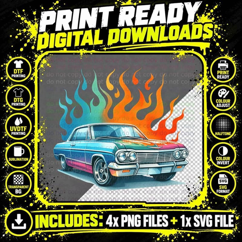 Blue Classic Car Purple Rainbow Flames Custom T-Shirt Png SVG Digital Bundle