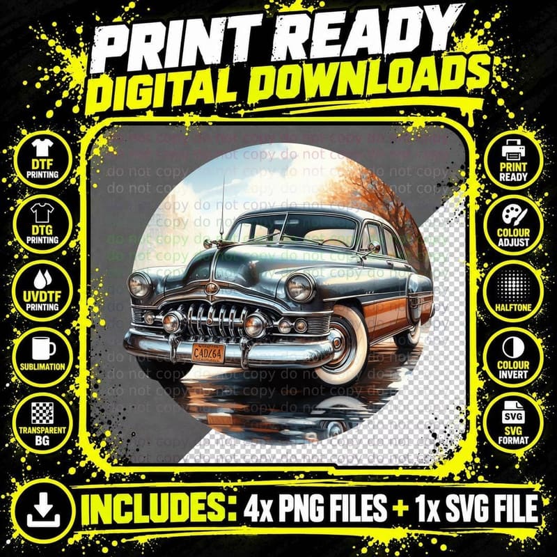 Blue Vintage Car Classic Dark 1950s Sedan Chrome Details Png SVG Digital Bundle