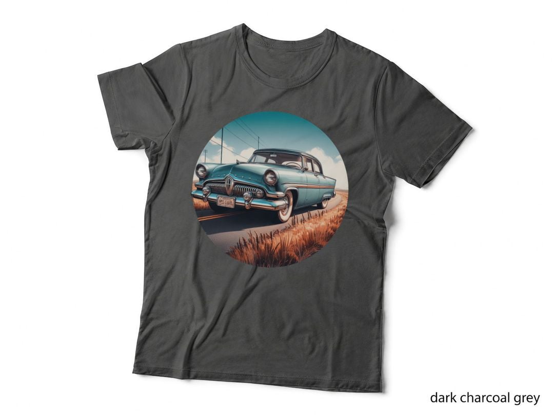 Blue Vintage Car Desert 1950s on Plain Retro Style Clear Sky Landscape T-Shirt