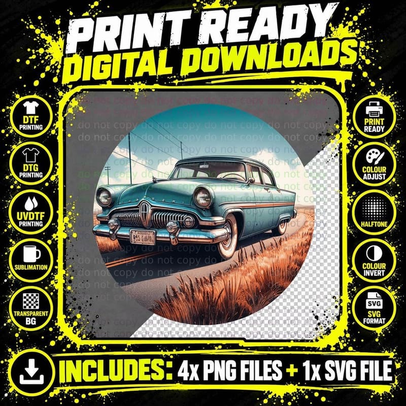 Blue Vintage Car Desert 1950s on Plain Retro Style Clear Png SVG Digital Bundle