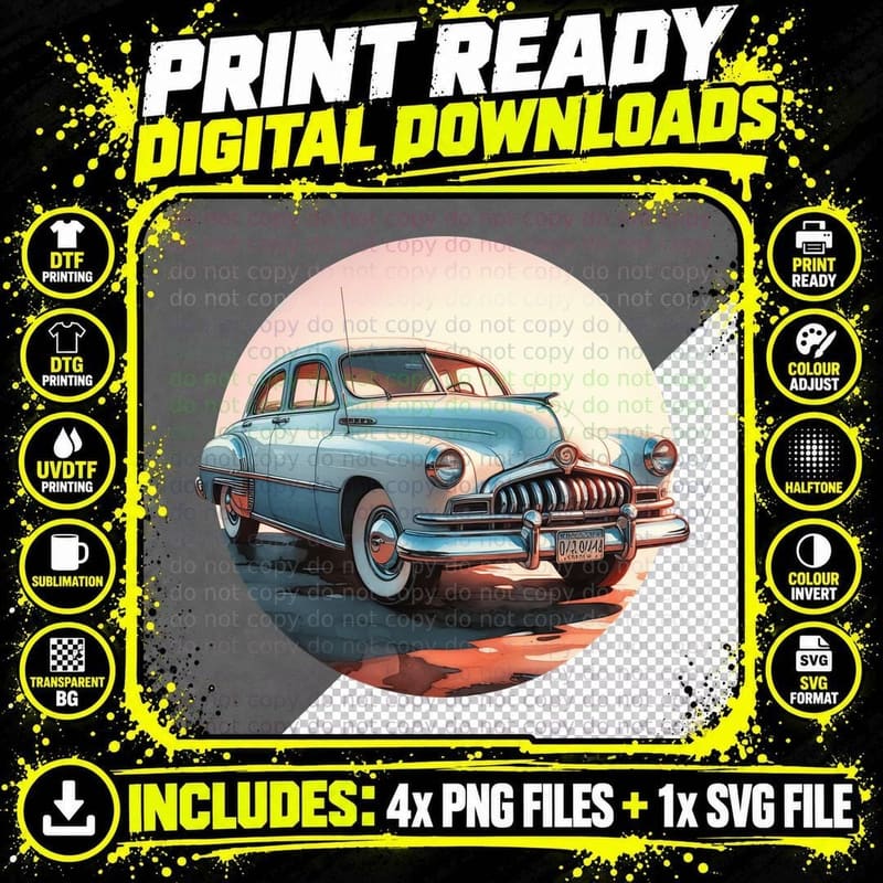 Blue Vintage Car Desert 1950s on Sand Dunes Landscape Png SVG Digital Bundle