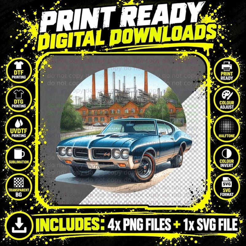 Blue Vintage Car Factory Industrial T-Shirt Png SVG Digital Bundle