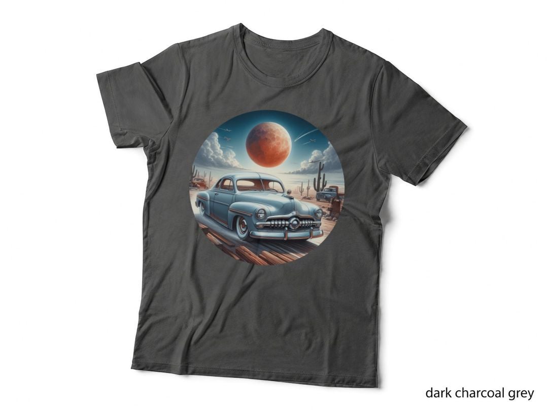 Blue Vintage Car Red Moon 1950s Sedan in Desert Massive Surreal Alien T-Shirt
