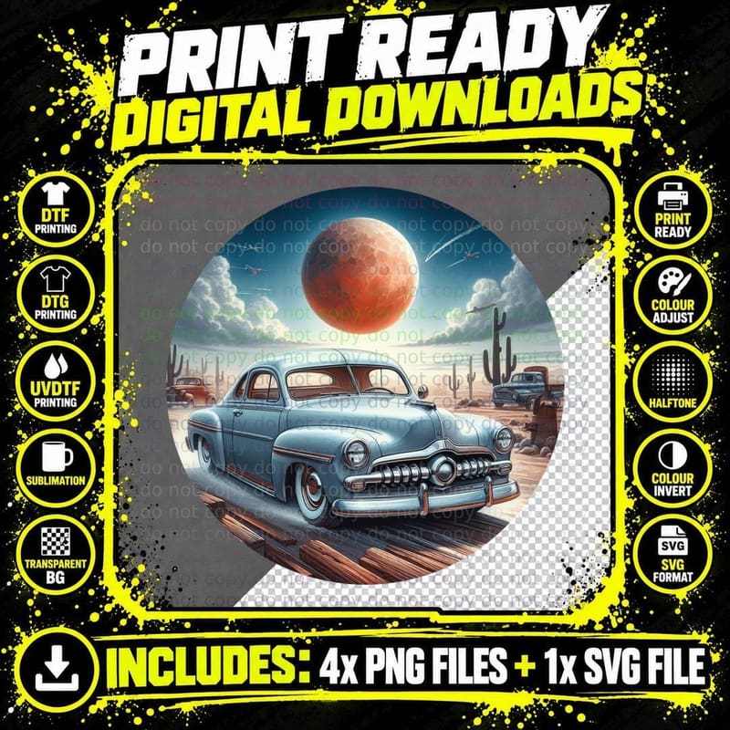 Blue Vintage Car Red Moon 1950s Sedan in Desert Massive Png SVG Digital Bundle