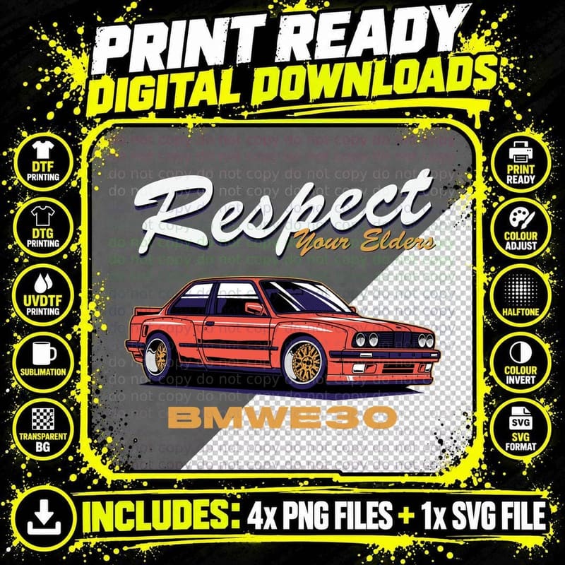 Bmw E30 Respect Your Elders Bmwe30 Red Gold Retro 80s Png SVG Digital Bundle
