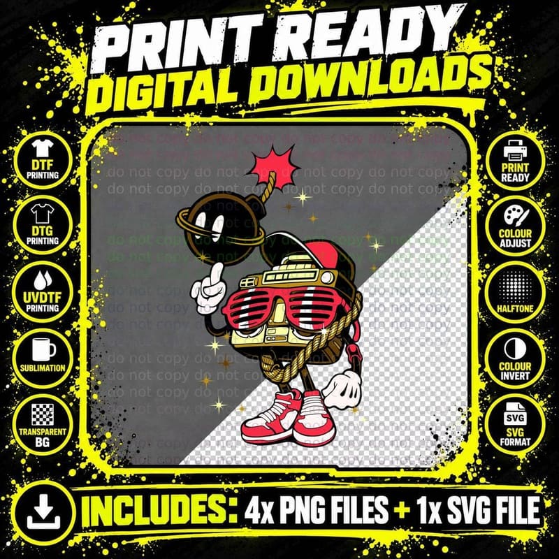 Bomb Character Red Gold Retro Cartoon T-Shirt Png SVG Digital Bundle