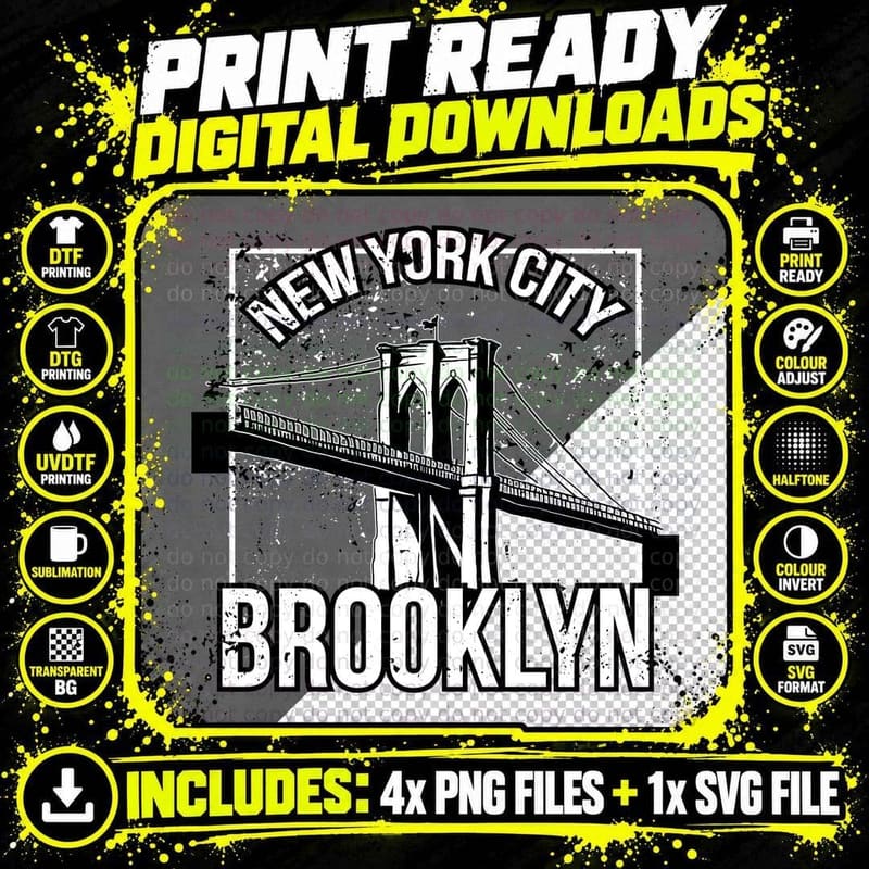 Brooklyn New York City Bridge Grayscale Distressed Png SVG Digital Bundle