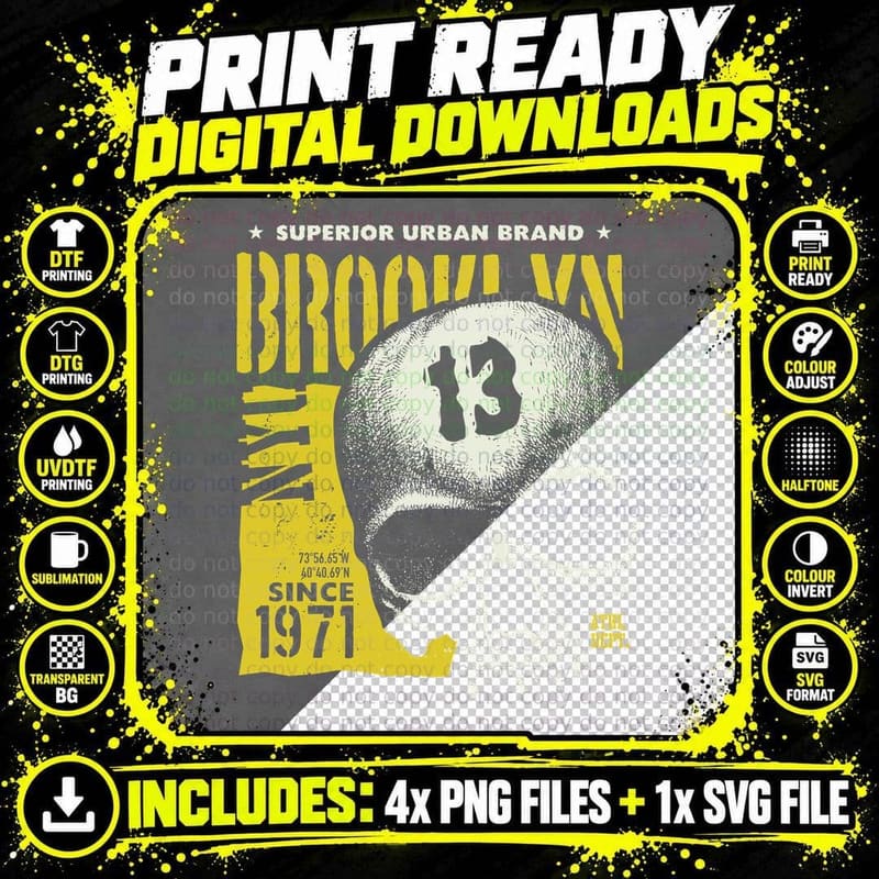 Brooklyn Since 1971 Skull Ball Billiard 13 Yellow Png SVG Digital Bundle