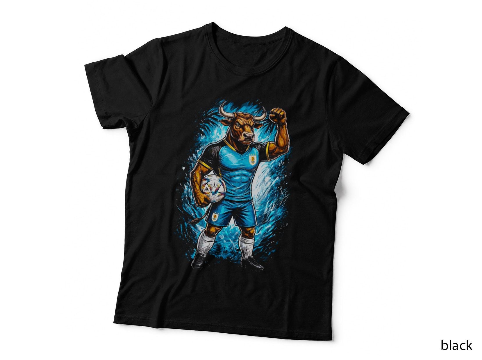Bull Footballer Mascot Distressed Splatter Sky Blue Uruguay Kit Fist T-Shirt