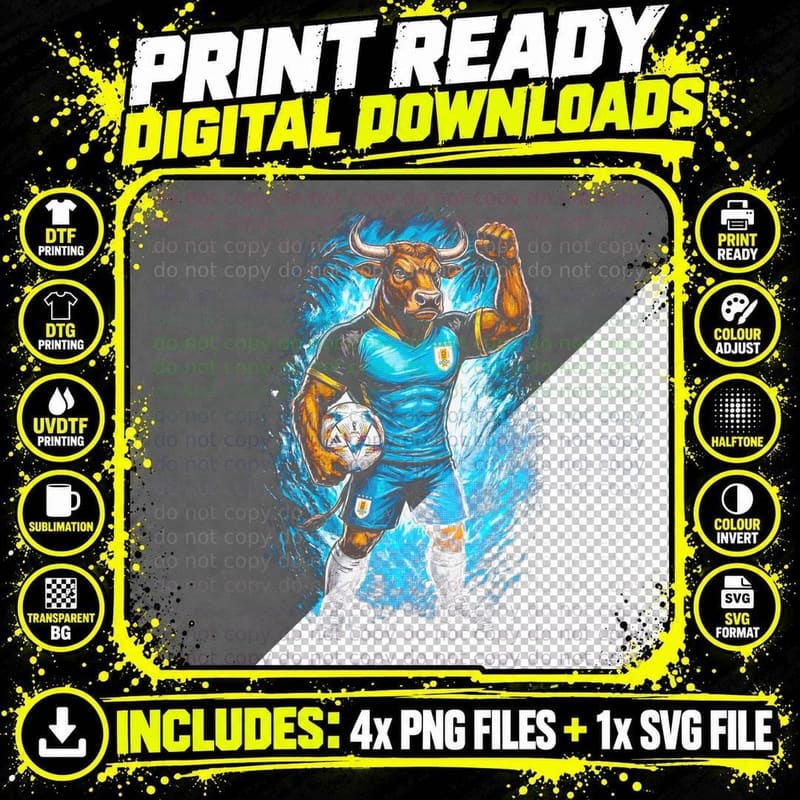 Bull Footballer Mascot Distressed Splatter Sky Blue Png SVG Digital Bundle