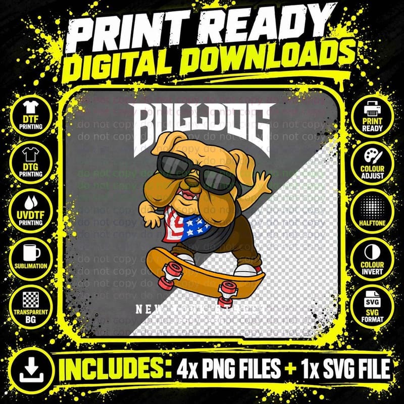 Bulldog New York Street Estd 1986 Skateboard Sunglasses Png SVG Digital Bundle