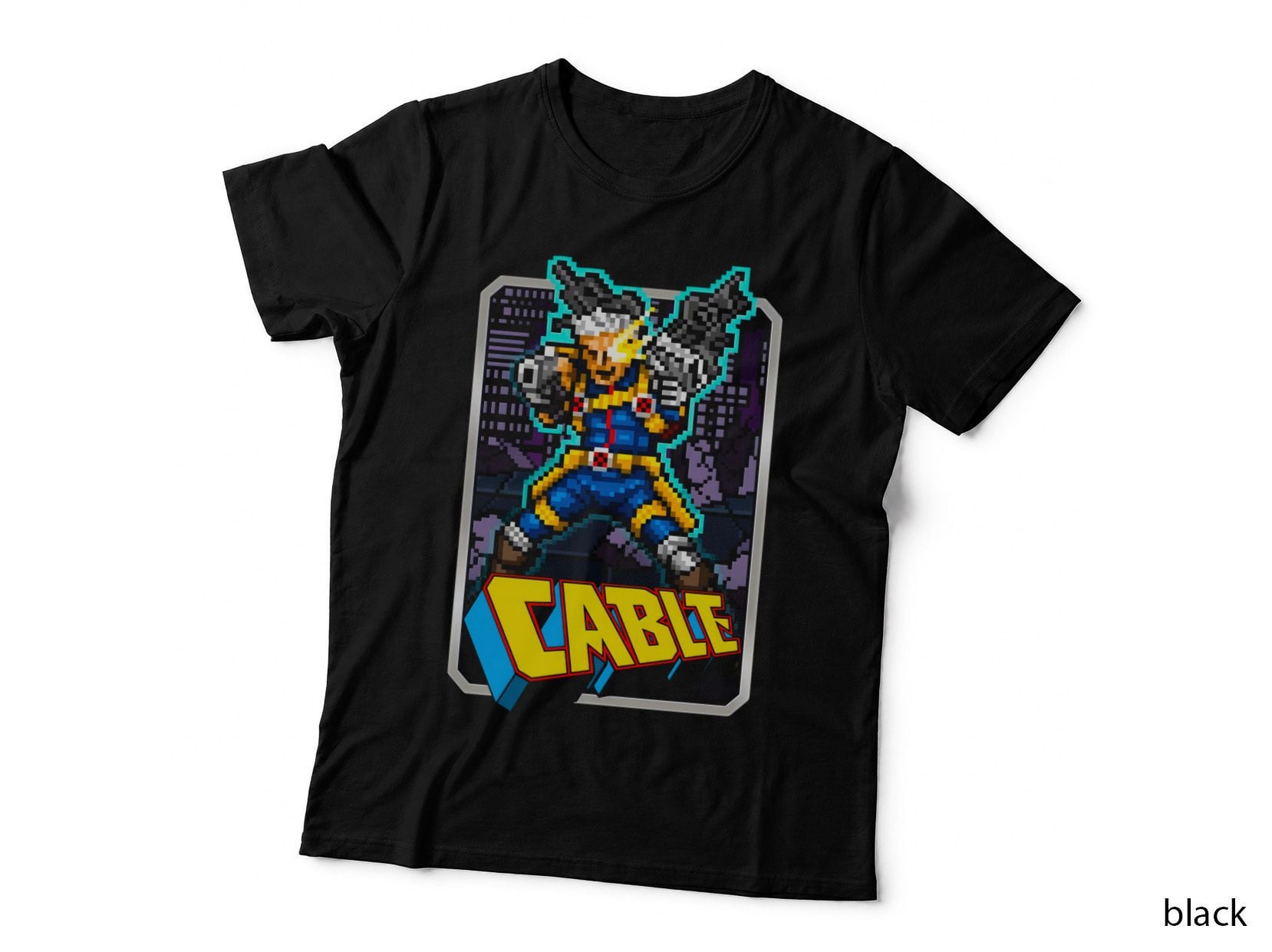 Cable Pixelated Retro Character with Cyan Outline Video Game T-Shirt